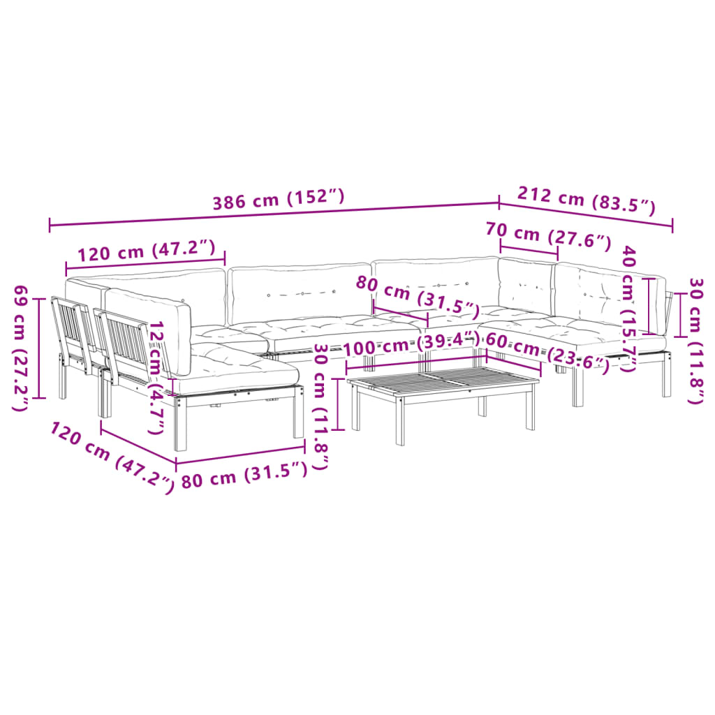 6-delige Loungeset pallet met kussens massief acaciahout