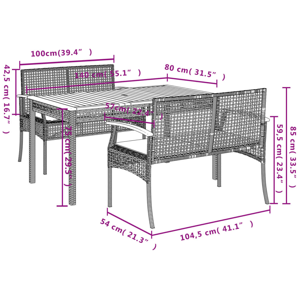 3-Delige Tuinset Met Kussens Poly Rattan Grijs
