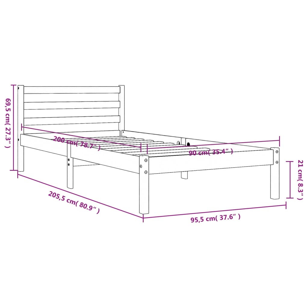 Bedframe massief grenenhout wasbruin 90x200 cm 90 x 200 cm Wasbruin