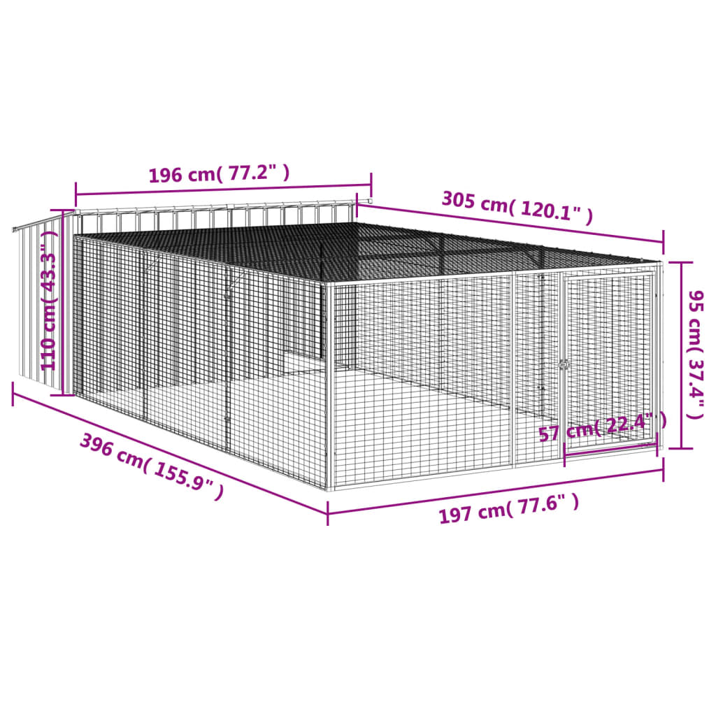 Hondenhok Met Ren 197X396X110 Cm Gegalvaniseerd Staal Antraciet