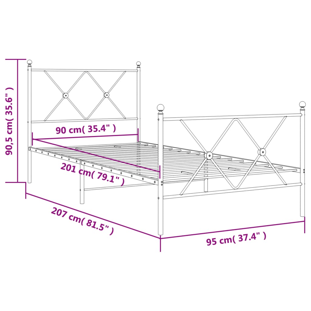 Bedframe met hoofd- en voeteneinde metaal zwart 90x200 cm