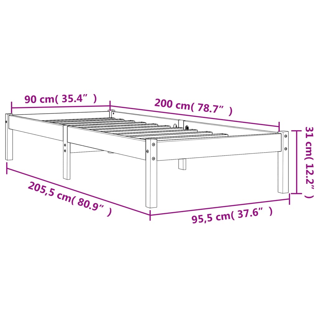 Bedframe Massief Grenenhout Wasbruin 90X200 Cm