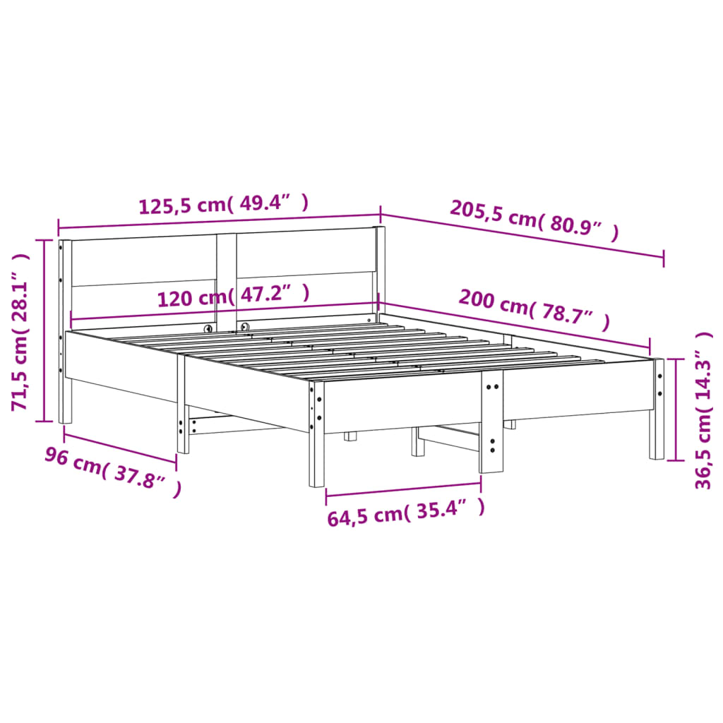 Bedframe met hoofdbord massief grenenhout wasbruin 120x200 cm