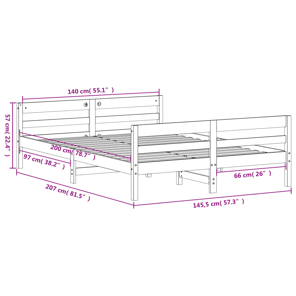 Bedframe met hoofdbord massief grenenhout wit 140x200 cm