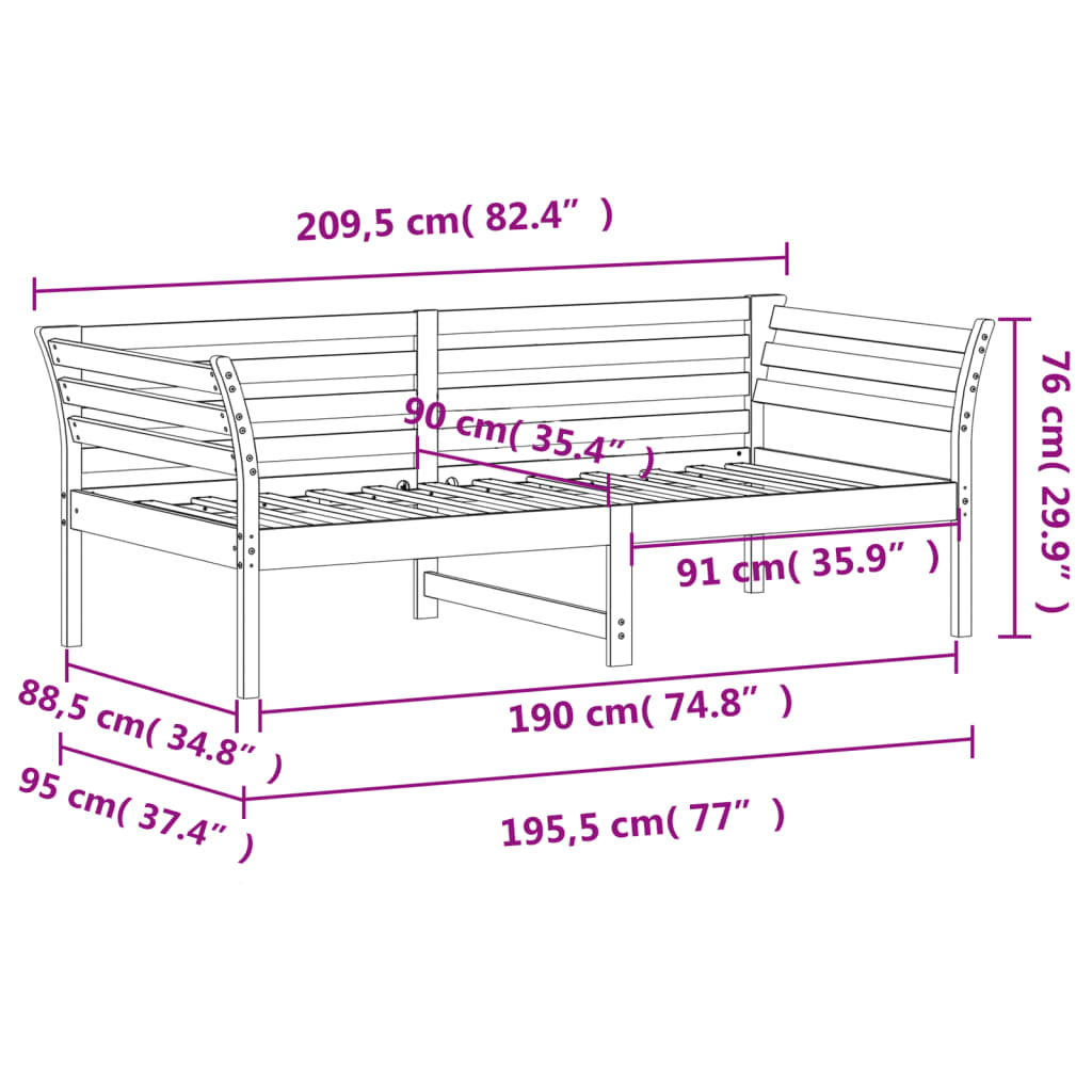 Slaapbank 90x190 cm massief grenenhout 90 x 190 cm Naturel