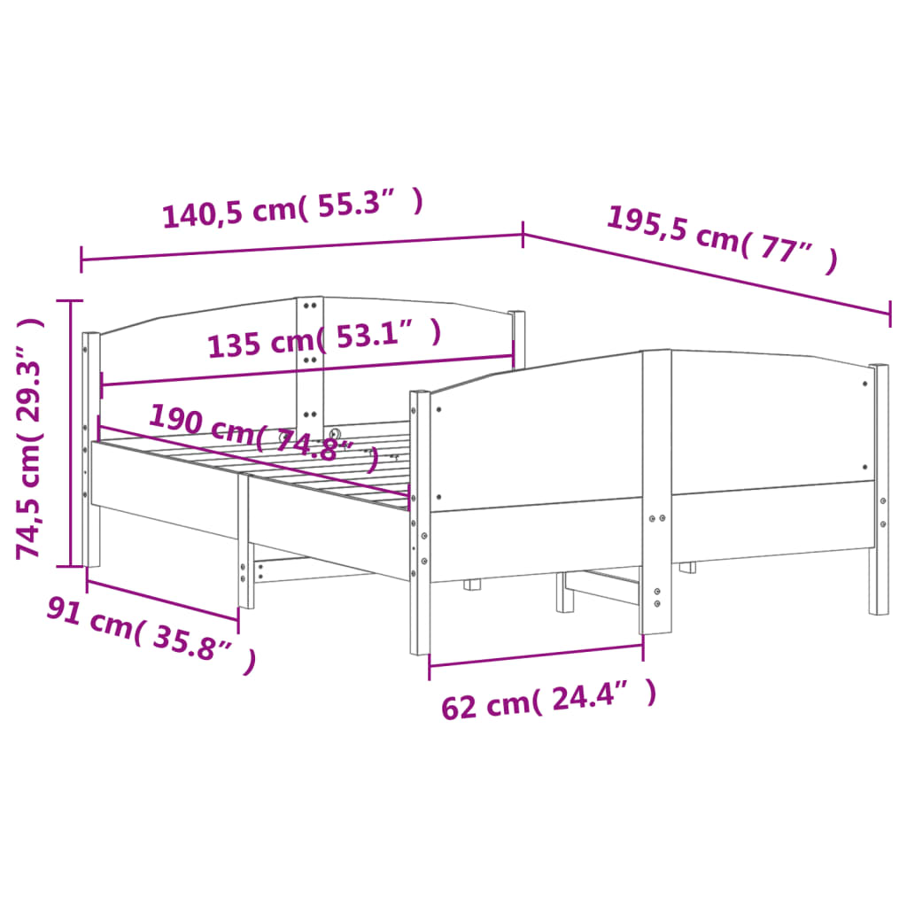 Bedframe met hoofdbord massief grenenhout wasbruin 135x190 cm 135 x 190 cm Bruin