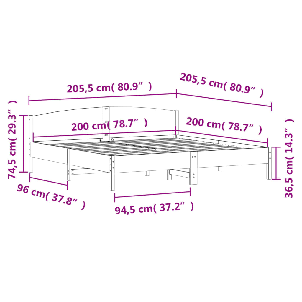Bedframe met hoofdbord massief grenenhout 200x200 cm
