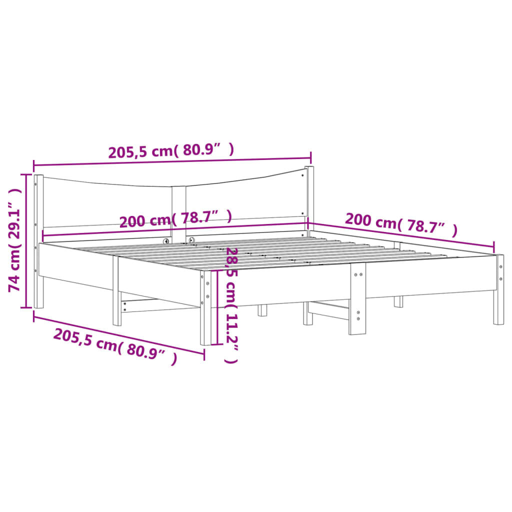 Bedframe met hoofdbord massief grenenhout wit 200x200 cm