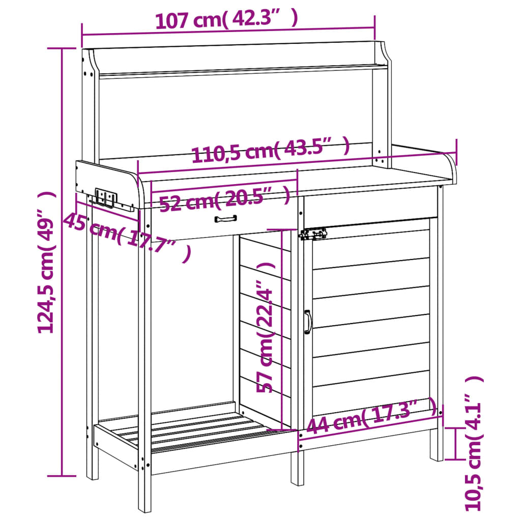 Oppottafel met kast 110,5x45x124,5 cm massief vurenhout grijs