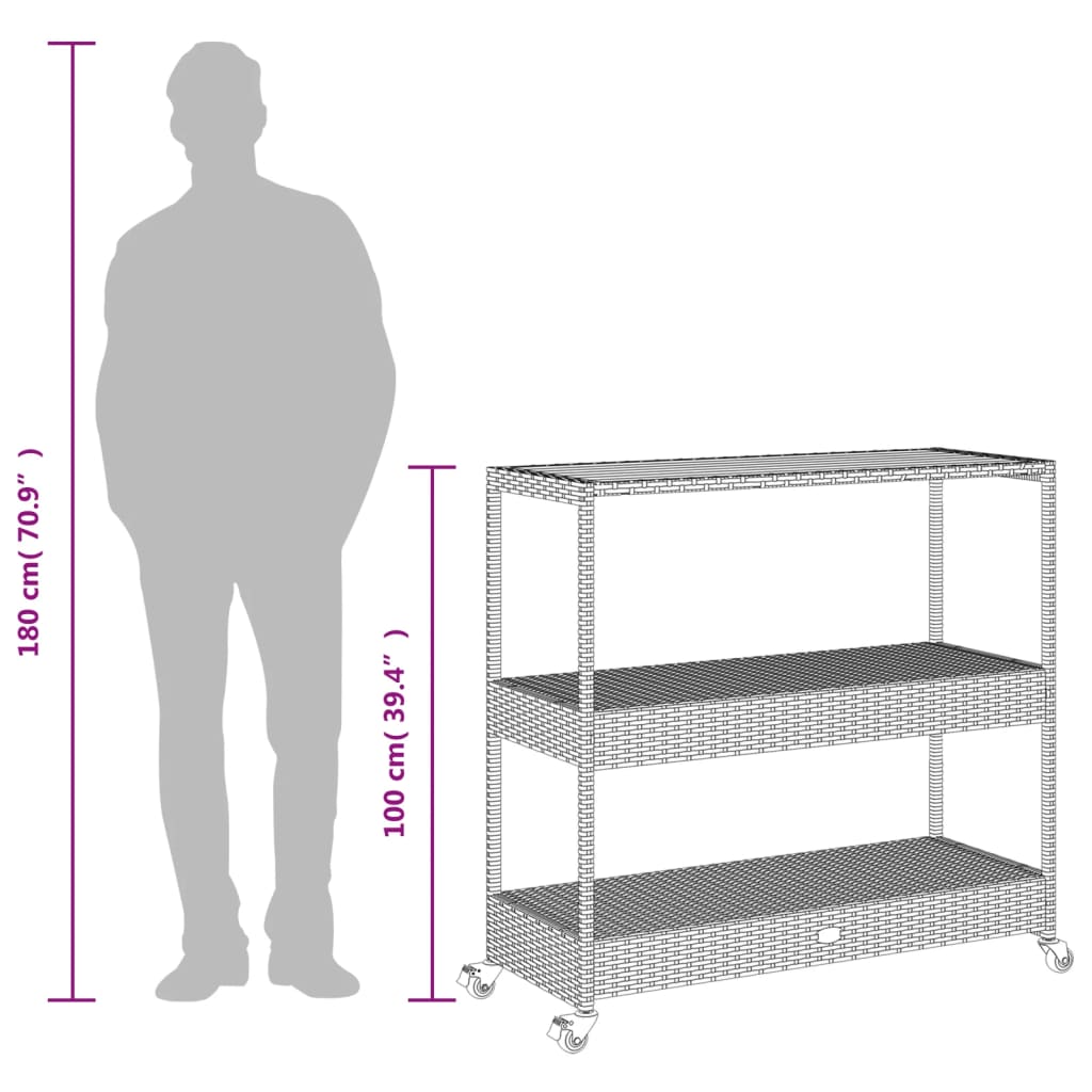 Keukentrolley 3-laags poly rattan en massief acaciahout grijs