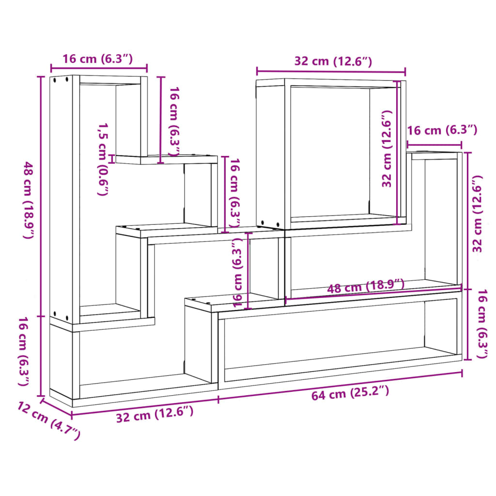 Wandschap 96X12X64 Cm Bewerkt Hout Eikenkleurig Grijs sonoma