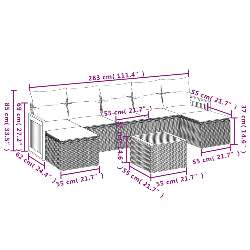 8-delige Loungeset met kussens poly rattan beige