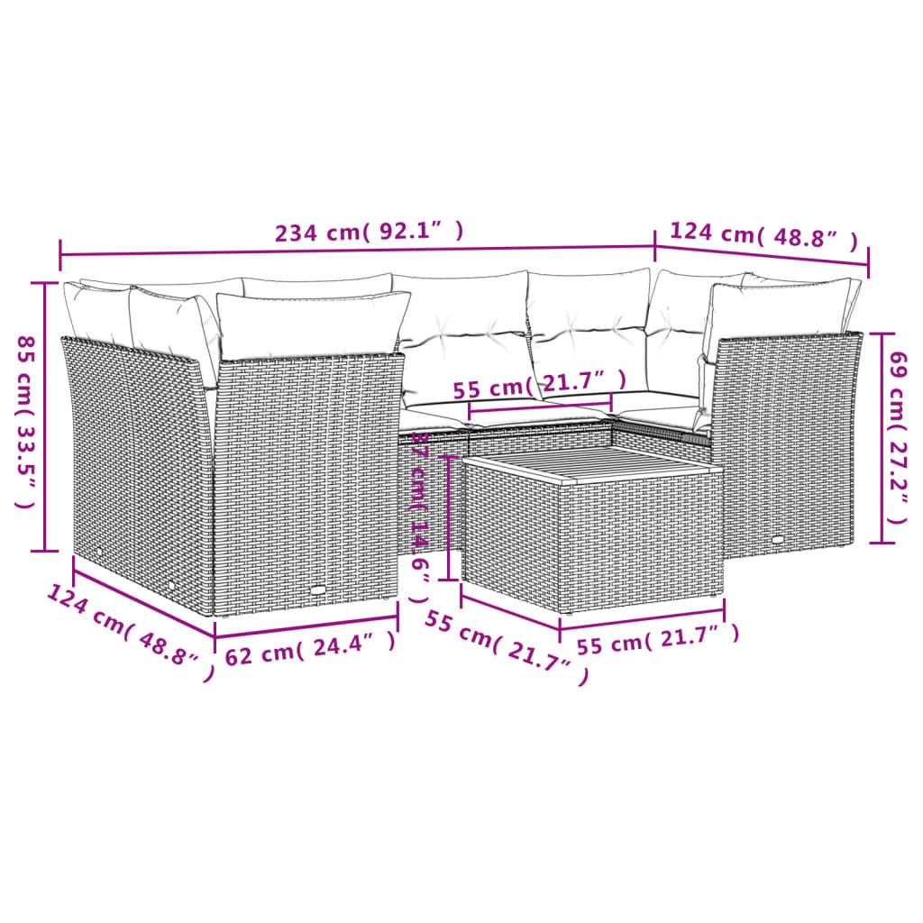 7-delige Loungeset met kussens poly rattan beige