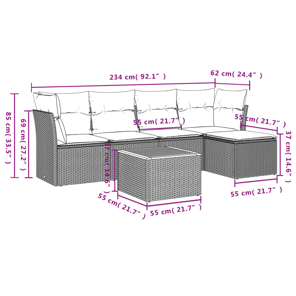 6-delige Loungeset met kussens poly rattan beige