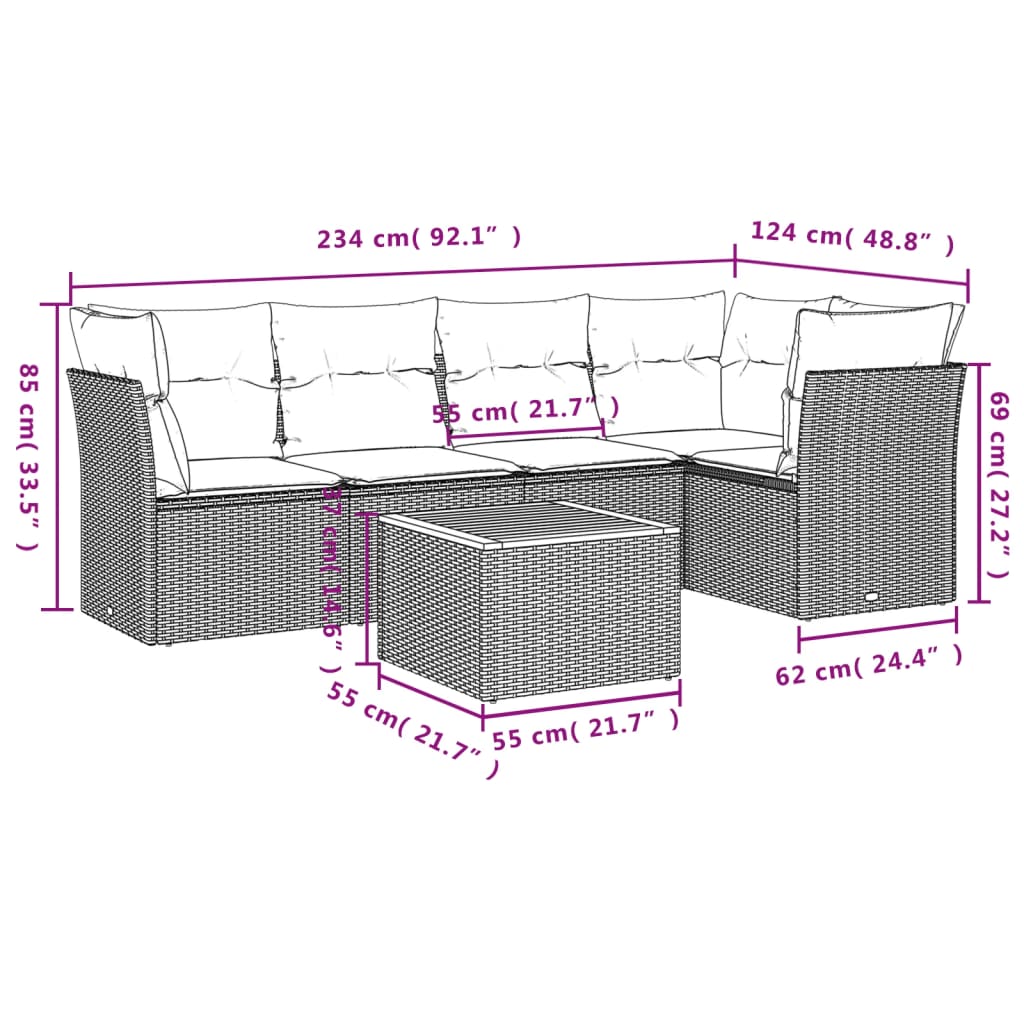 6-delige Loungeset met kussens poly rattan beige