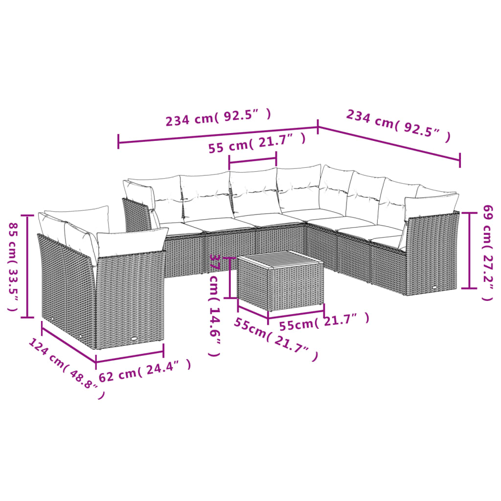 10-Delige Loungeset Met Kussens Poly Rattan Zwart