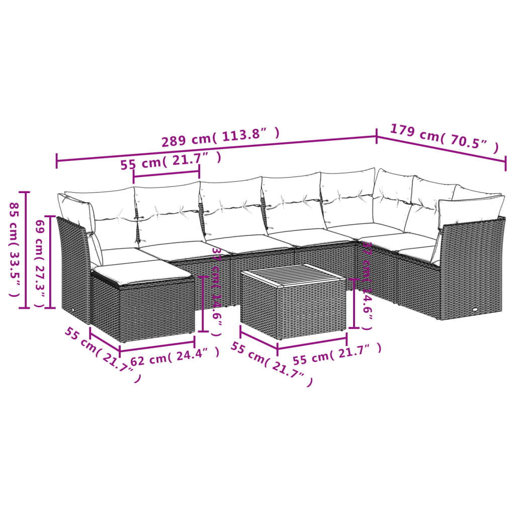 9-Delige Loungeset Met Kussens Poly Rattan Zwart en crème