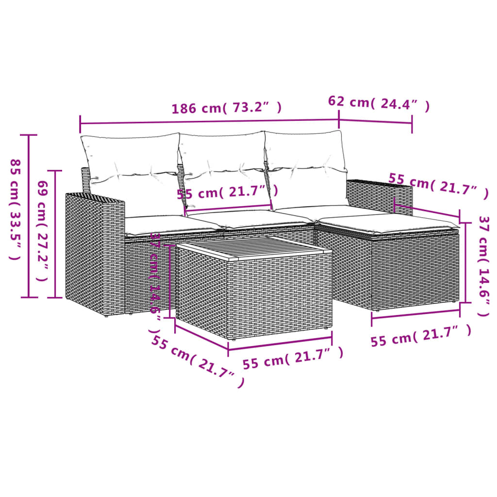5-Delige Loungeset Met Kussens Poly Rattan Beige beige and cream