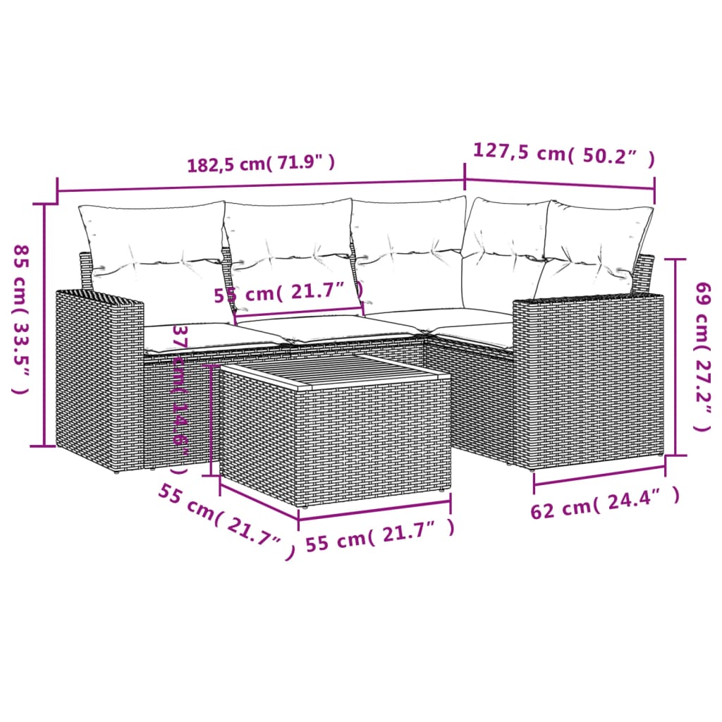 5-Delige Loungeset Met Kussens Poly Rattan Zwart en crème