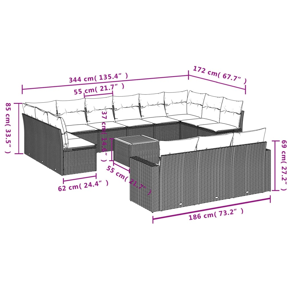 14-Delige Loungeset Met Kussens Poly Rattan Beige