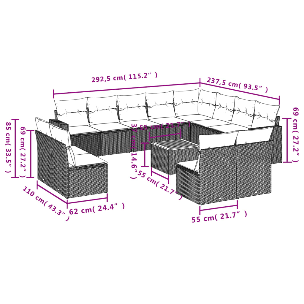 3-Delige Loungeset Met Kussens Poly Rattan Zwart en crème