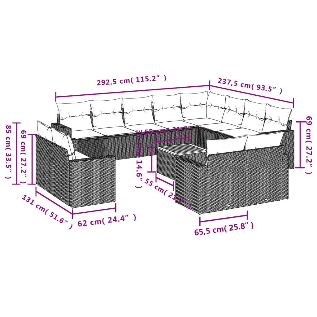 3-Delige Loungeset Met Kussens Poly Rattan Zwart en crème
