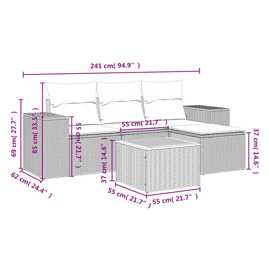 5-Delige Loungeset Met Kussens Poly Rattan Grijs