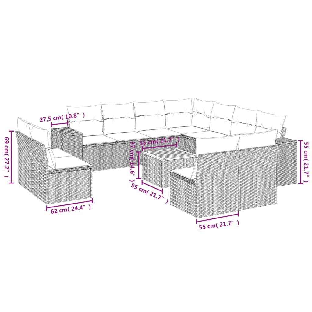 2-Delige Loungeset Met Kussens Poly Rattan Zwart en crème