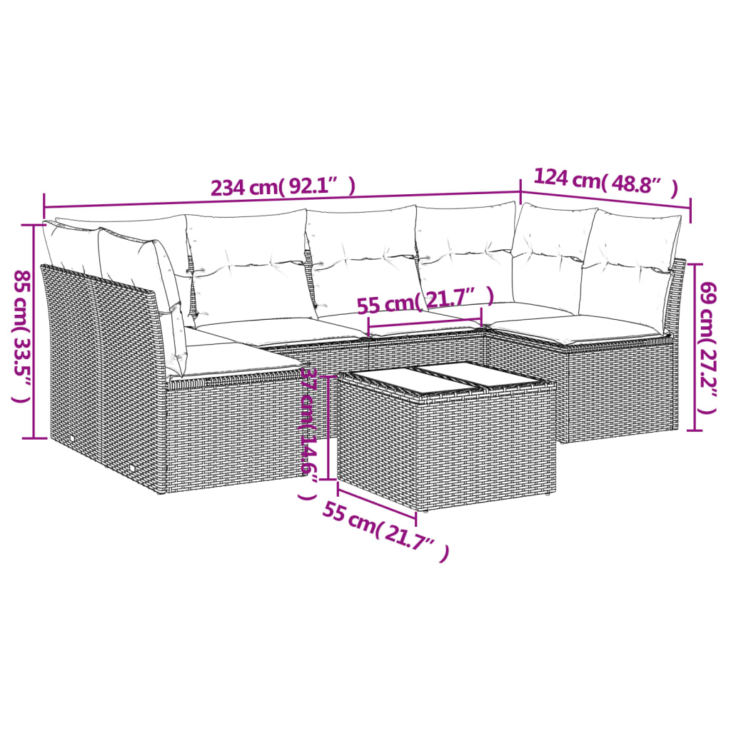 7-delige Loungeset met kussens poly rattan lichtgrijs