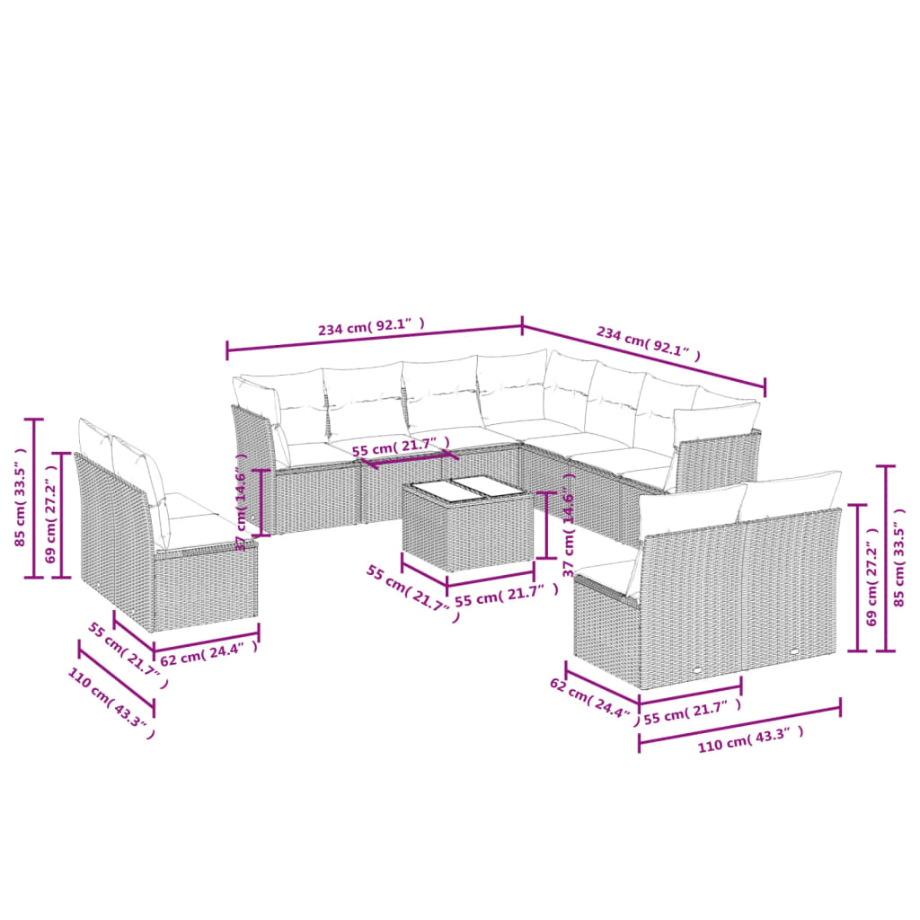 12-Delige Loungeset Met Kussens Poly Rattan Zwart