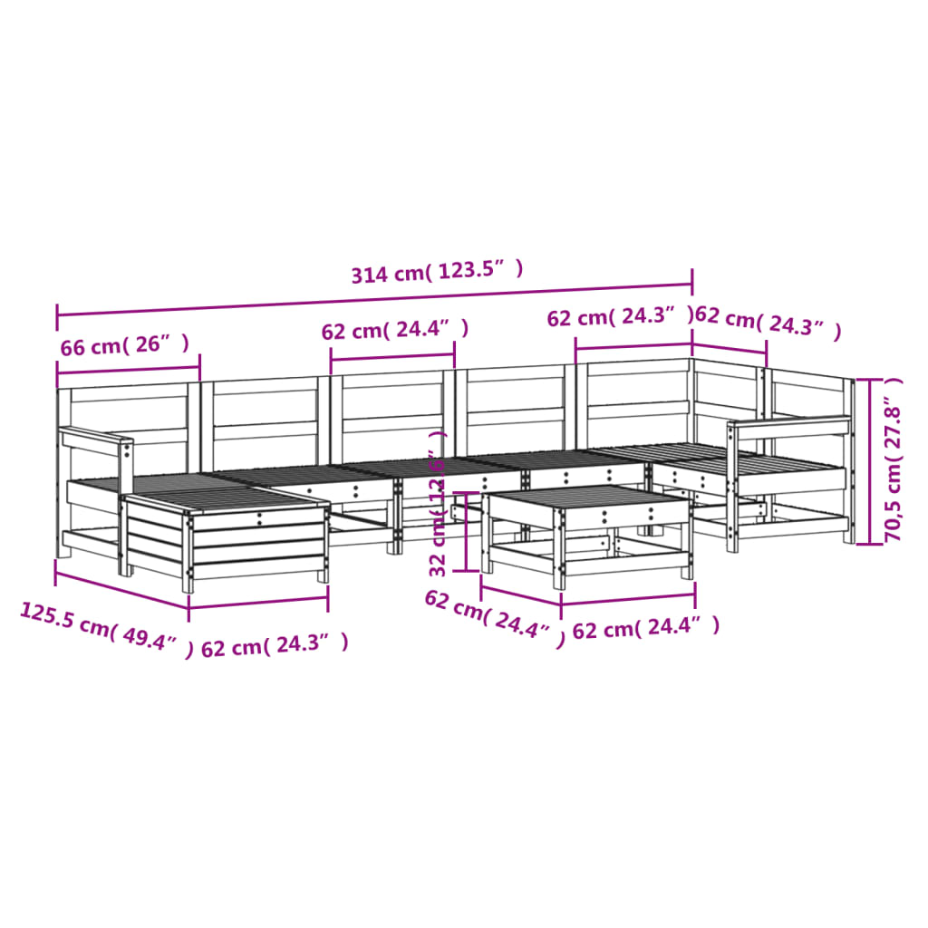 8-delige Loungeset massief grenenhout wit