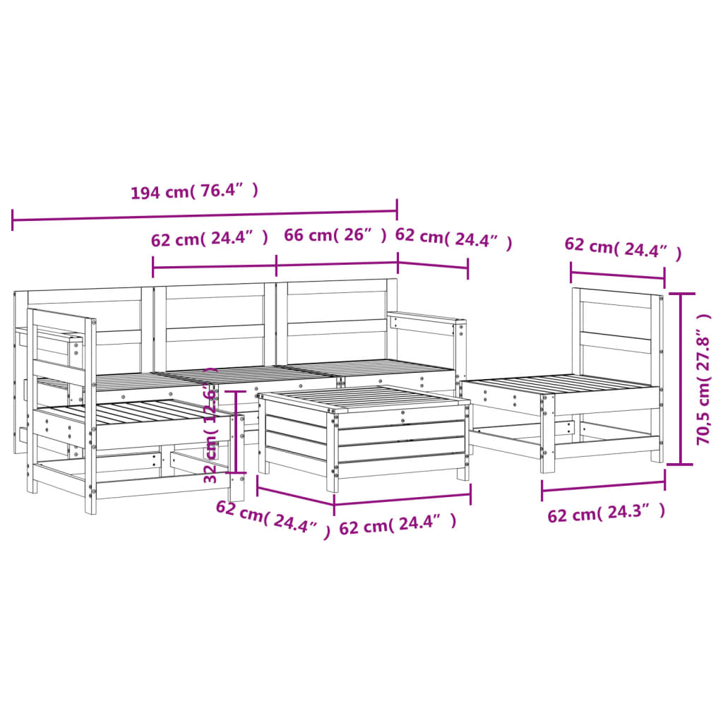 6-delige Loungeset massief grenenhout wit