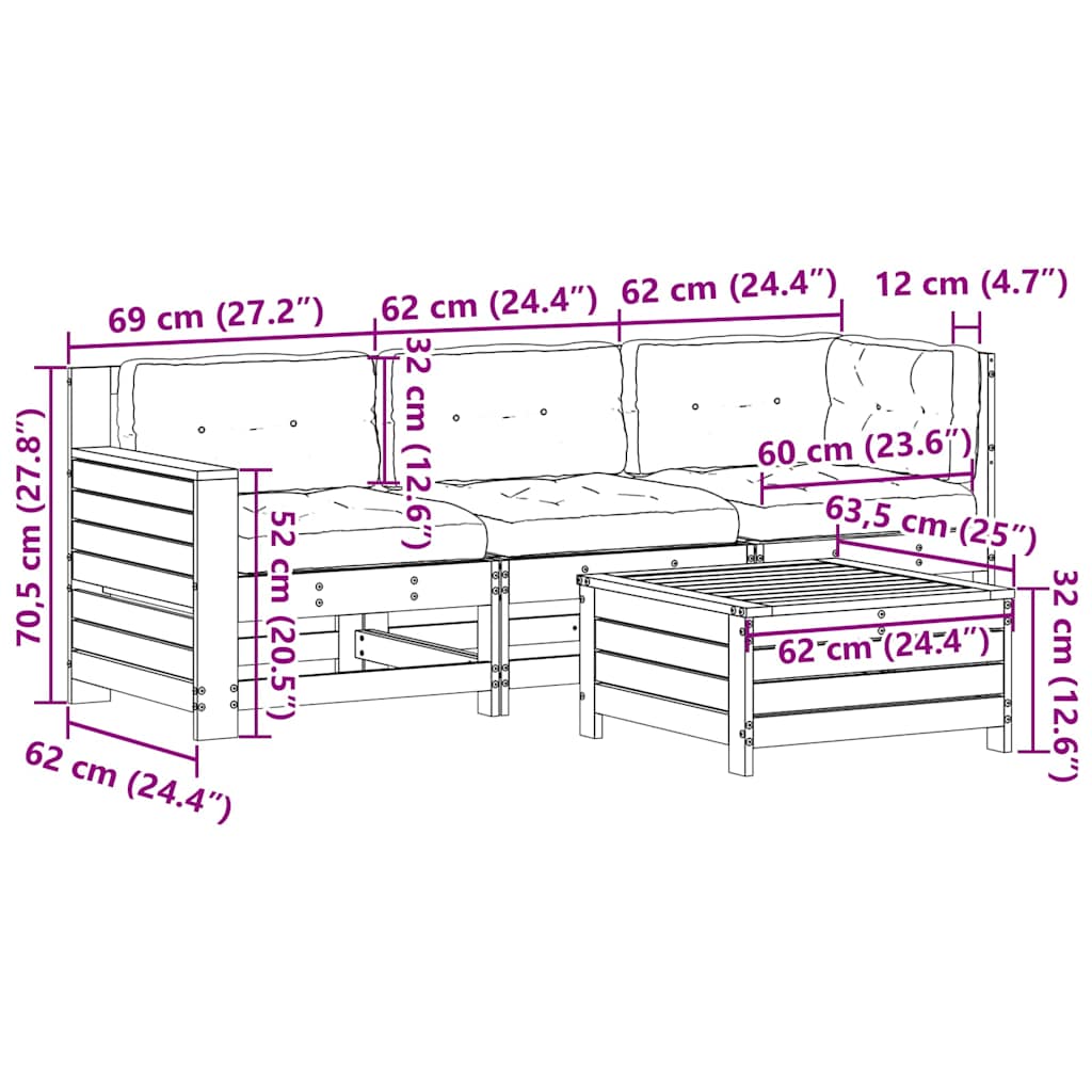 4-delige Loungeset met kussens massief grenenhout