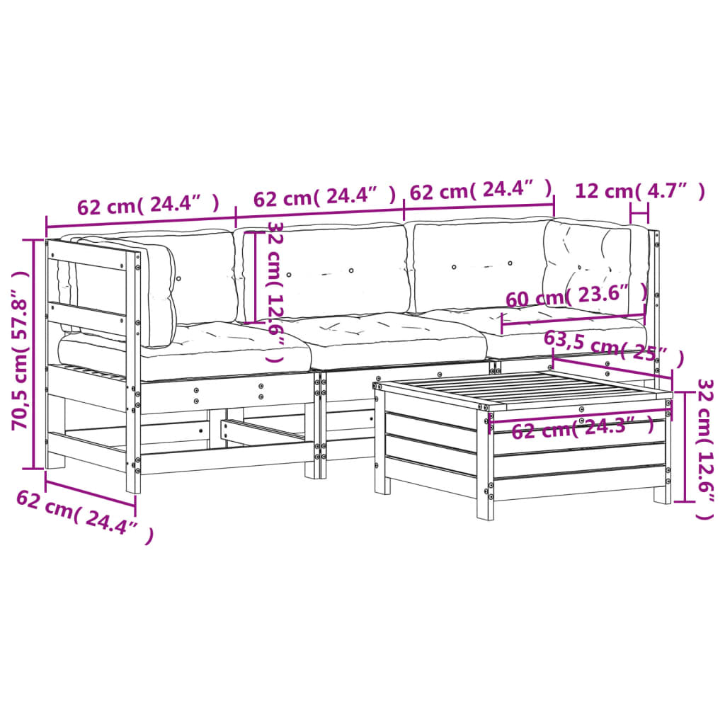 4-delige Loungeset met kussens massief grenenhout