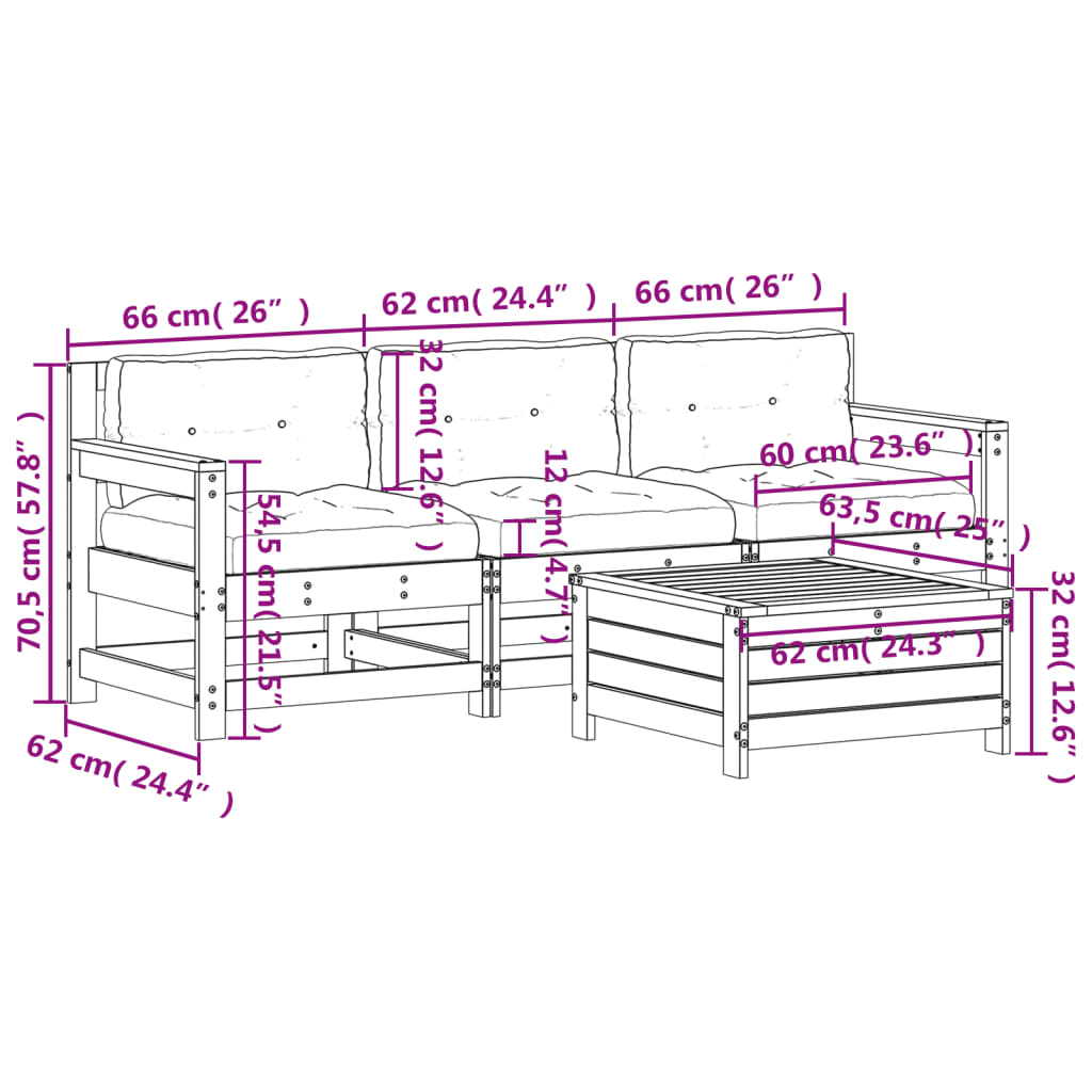 4-delige Loungeset met kussens massief grenenhout