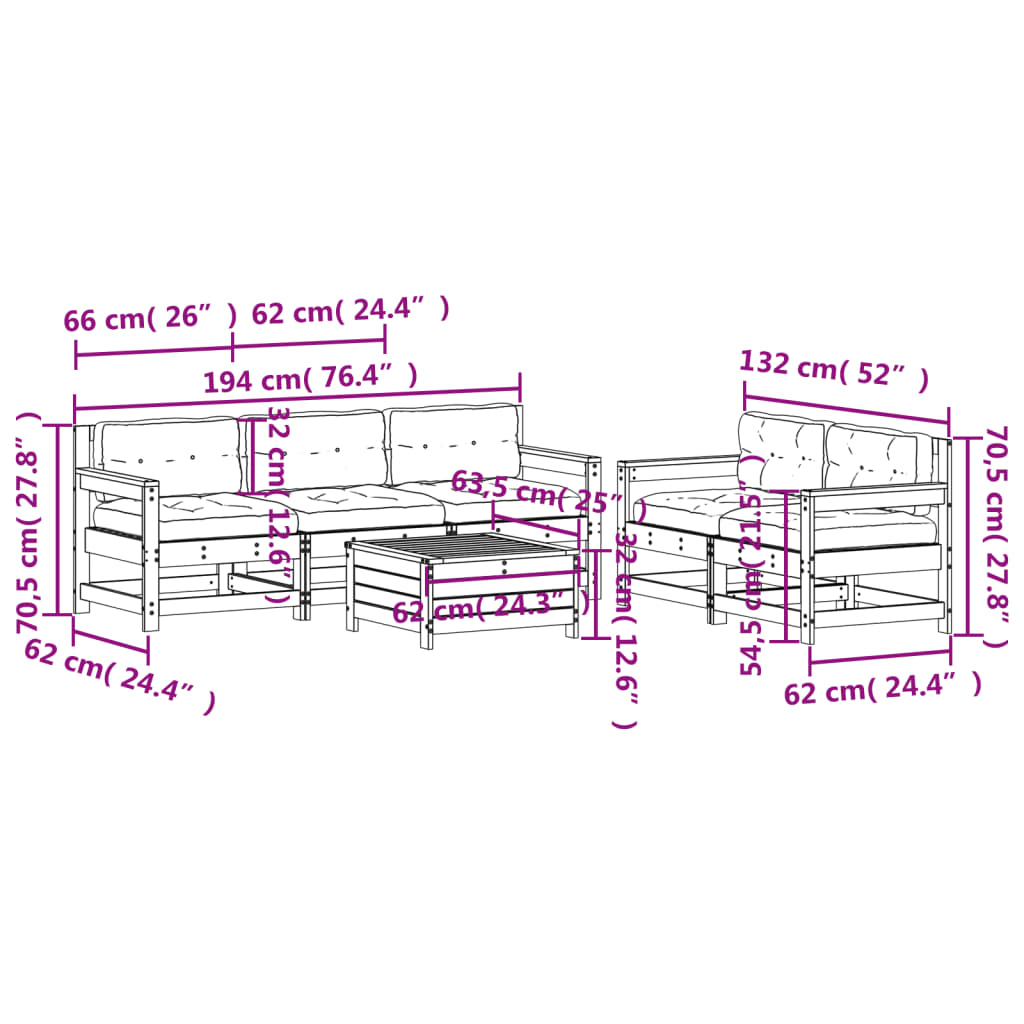 6-Delige Loungeset Met Kussens Massief Grenenhout