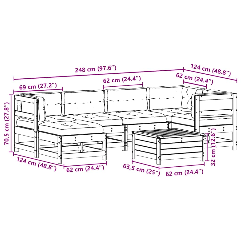 7-Delige Loungeset Met Kussens Massief Grenenhout Wit Wit grenenhout