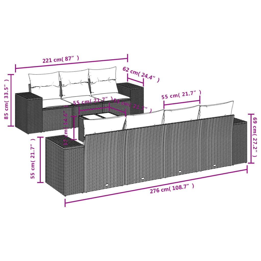 8-delige Loungeset met kussens poly rattan beige