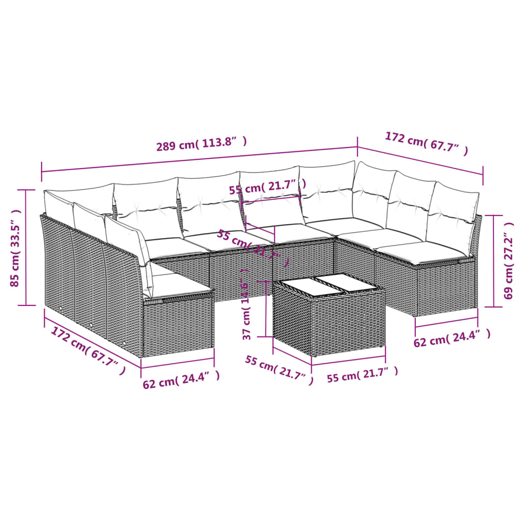 10-delige Loungeset met kussens poly rattan grijs Grijs Zonder tafel