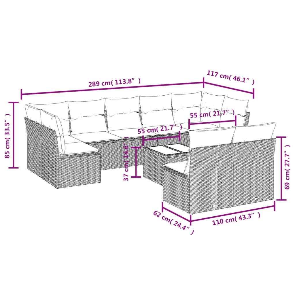 10-Delige Loungeset Met Kussens Poly Rattan Grijs