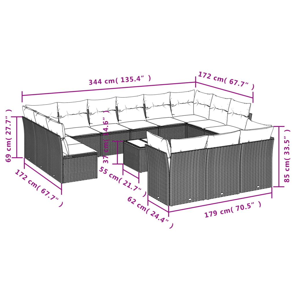 14-Delige Loungeset Met Kussens Poly Rattan Beige