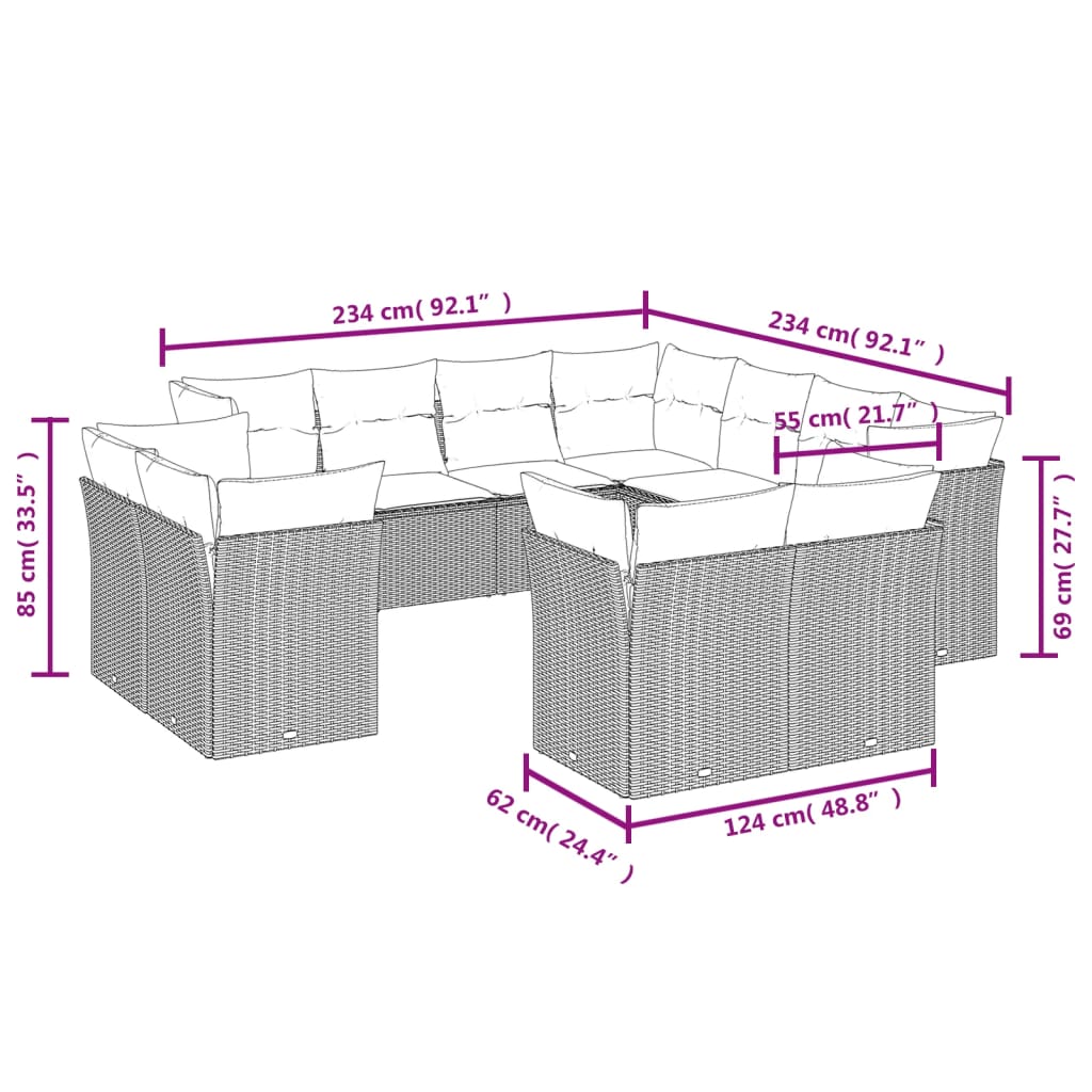 11-delige Loungeset met kussens poly rattan bruin Bruin en crème Zonder tafel