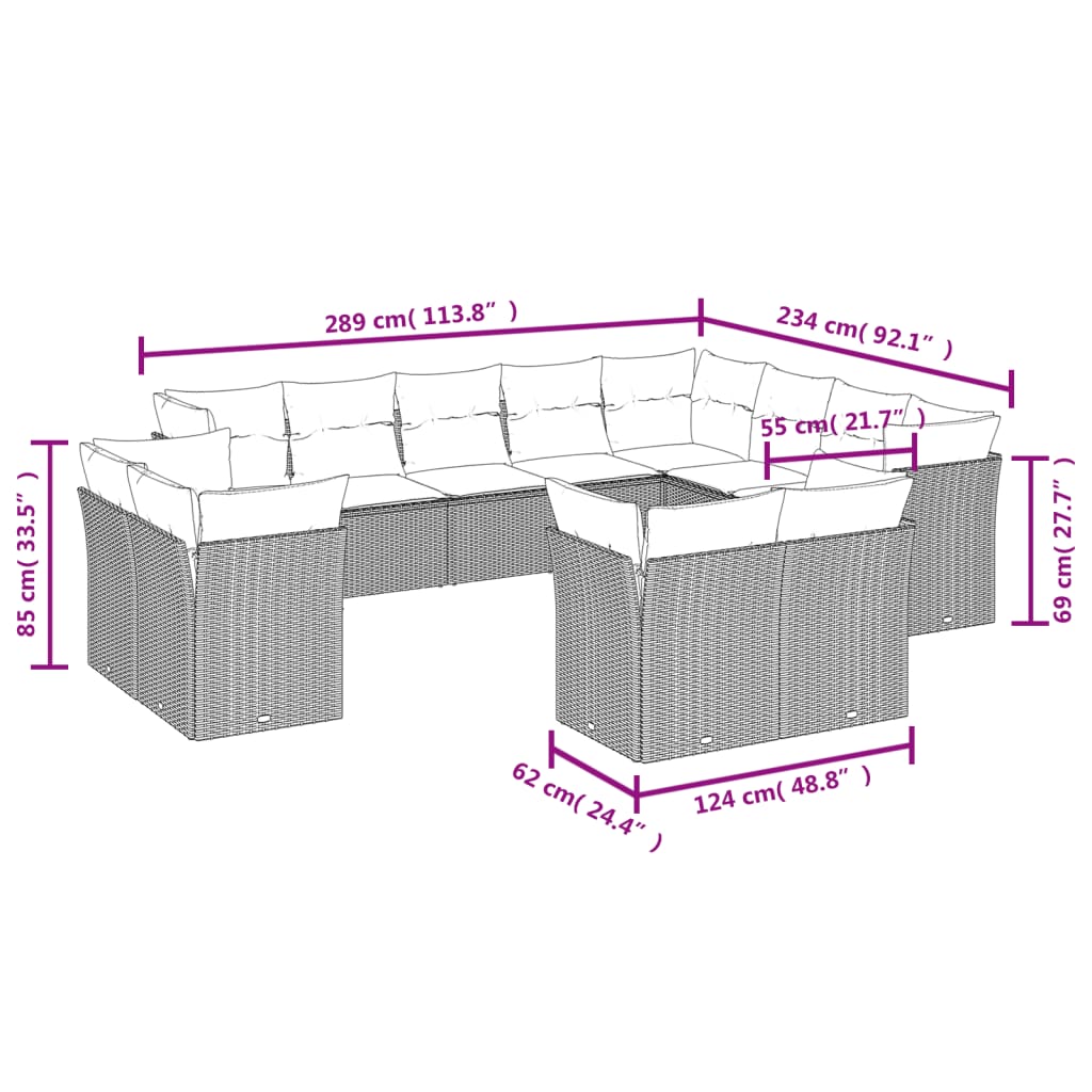 12-delige Loungeset met kussens poly rattan bruin Bruin en crème Zonder tafel
