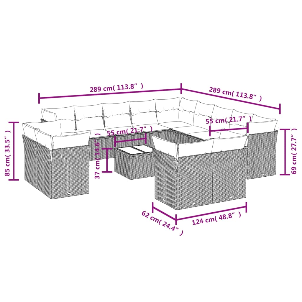 14-Delige Loungeset Met Kussens Poly Rattan Zwart