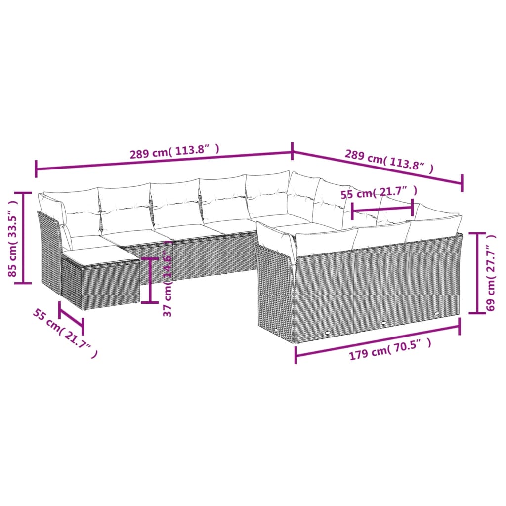 12-delige Loungeset met kussens poly rattan zwart Zwart en crème