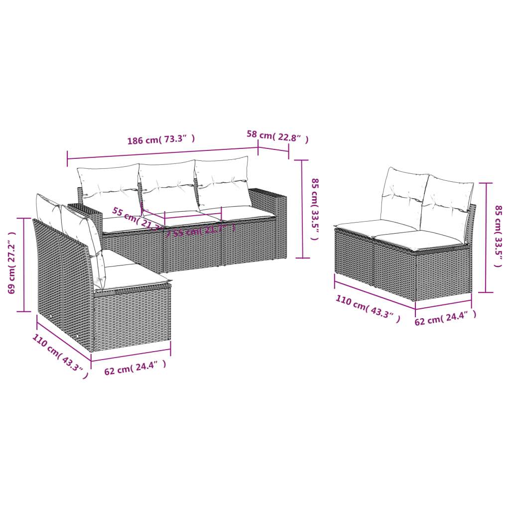 7-Delige Loungeset Met Kussens Poly Rattan Beige
