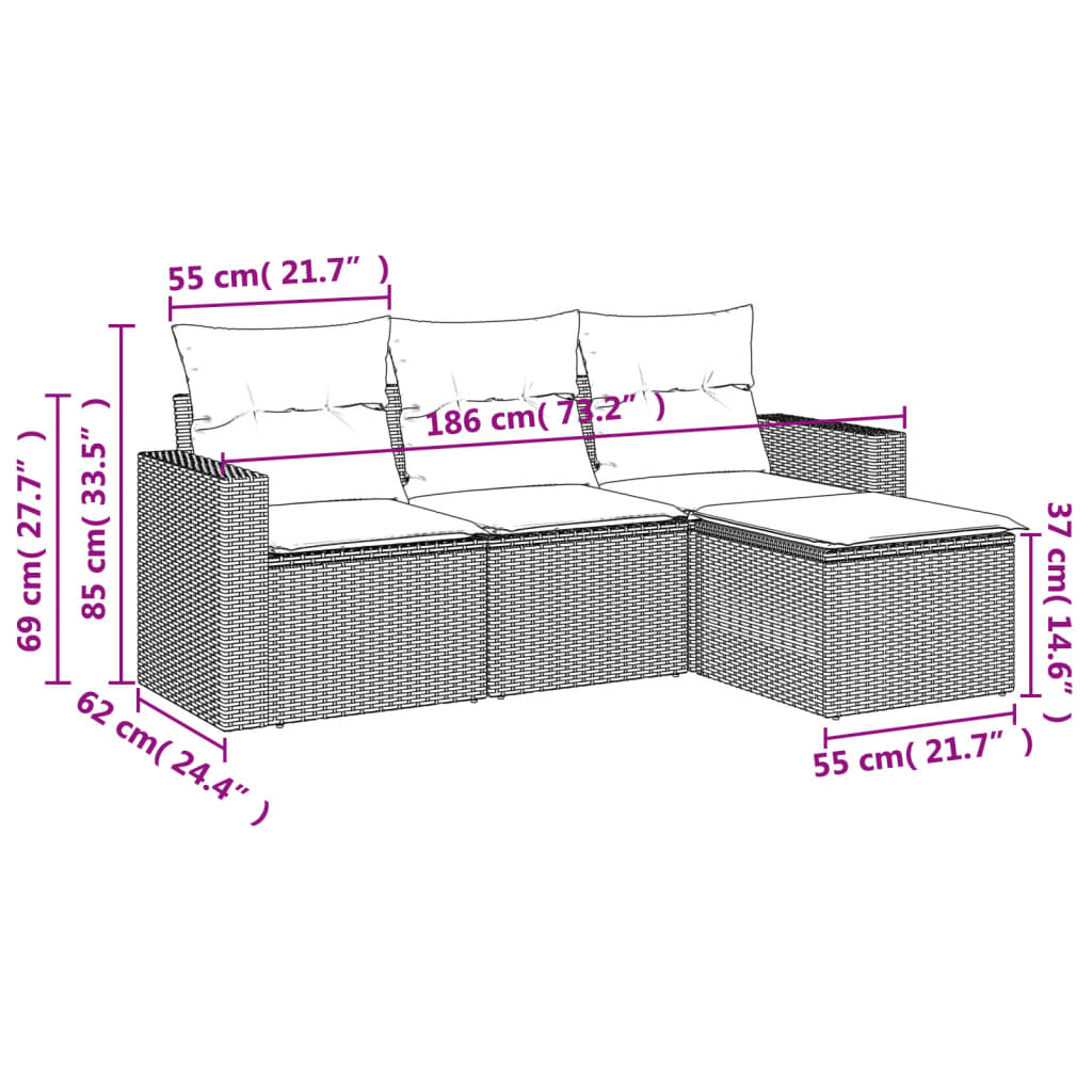 4-delige Loungeset met kussens poly rattan bruin Bruin en crème Zonder tafel