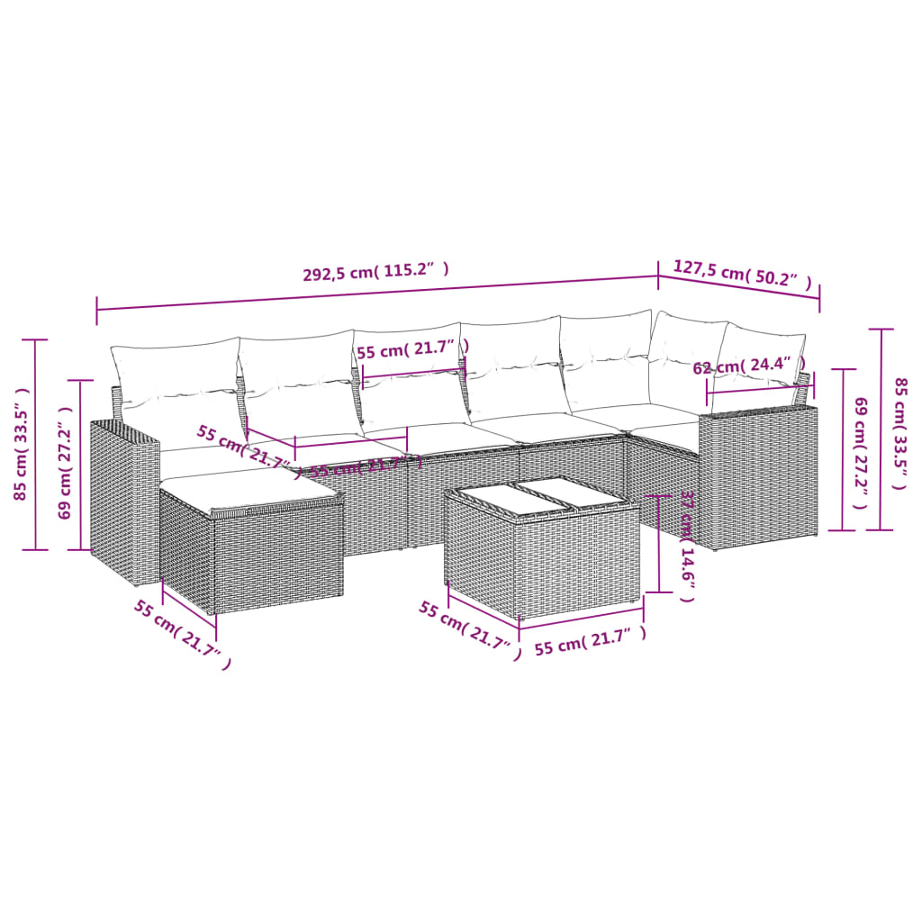 8-delige Loungeset met kussens poly rattan lichtgrijs