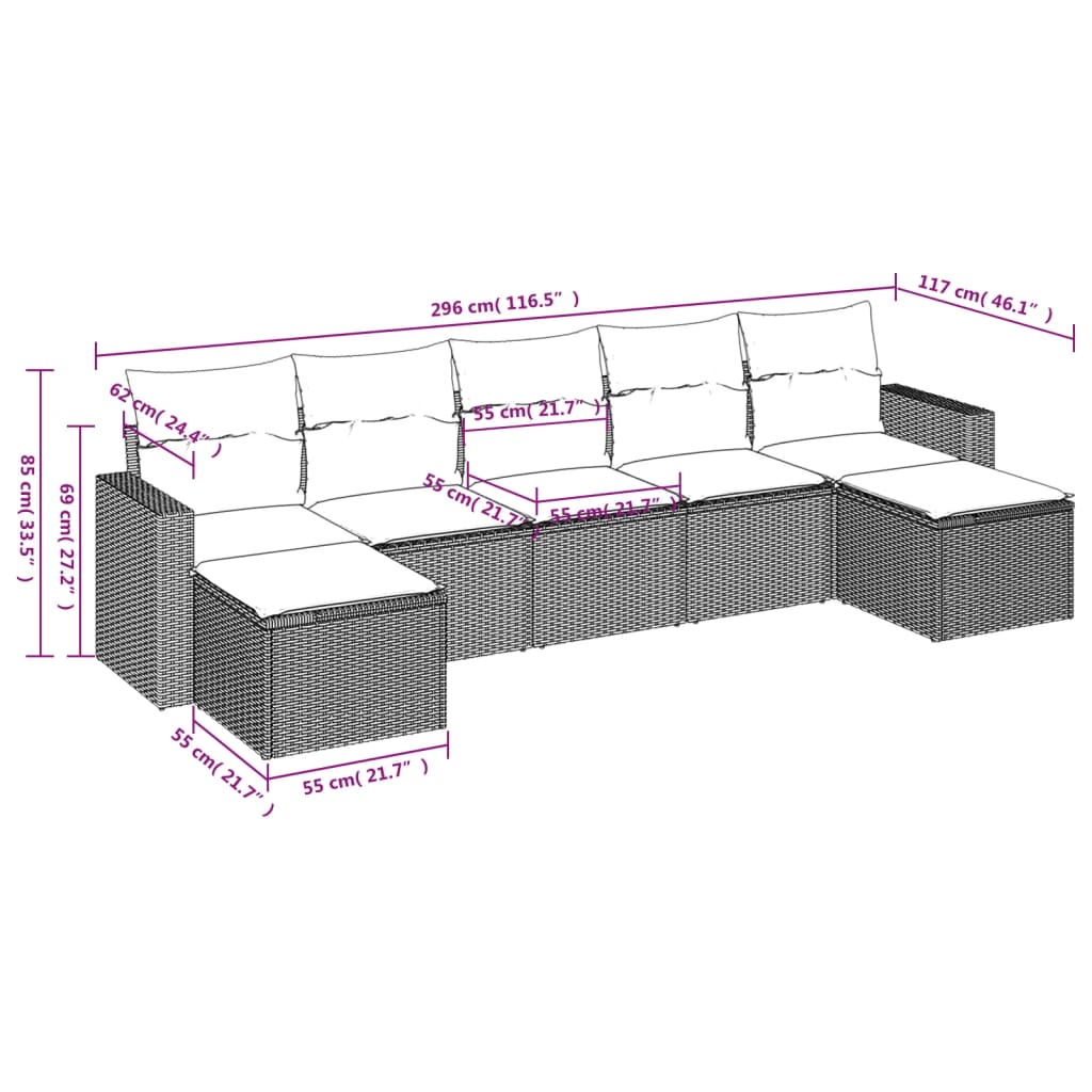 7-delige Loungeset met kussens poly rattan beige