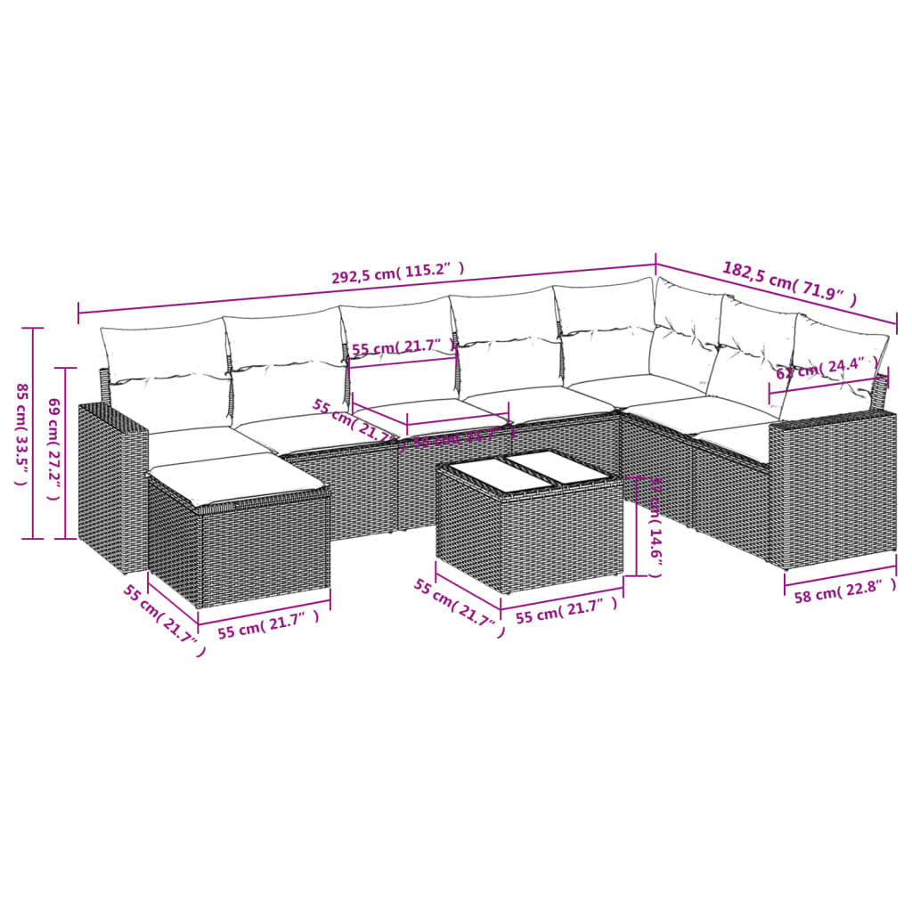 9-Delige Loungeset Met Kussens Poly Rattan Zwart